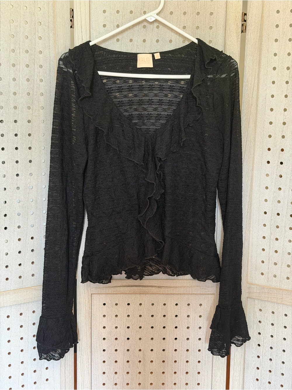 Good Luck Gem Black Sheer Ruffle-Front Long Sleeve Blouse